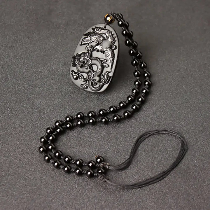 Buddha Stones Black Obsidian Tiger Eye Dragon Phoenix Protection Beaded Necklace Pendant - BWOOOH - Obsidian