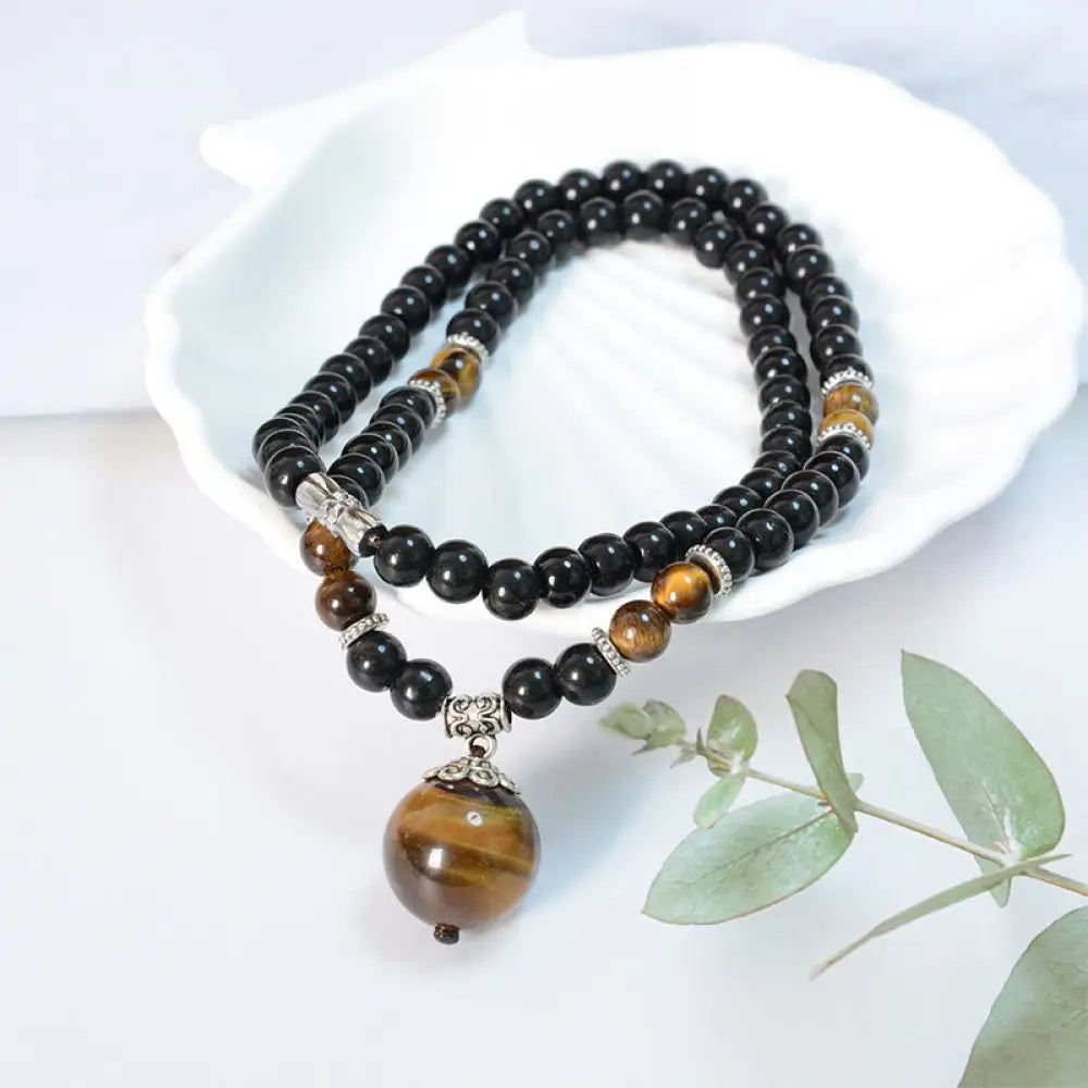 Buddha Stones Black Obsidian Tiger Eye Strengthen Necklace Pendant - BWOOOH - Black Obsidian Tiger Eye - Necklaces &