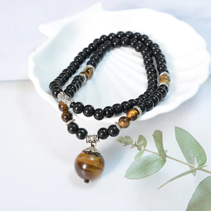Buddha Stones Black Obsidian Tiger Eye Strengthen Necklace Pendant - BWOOOH - Black Obsidian Tiger Eye - Necklaces &amp;