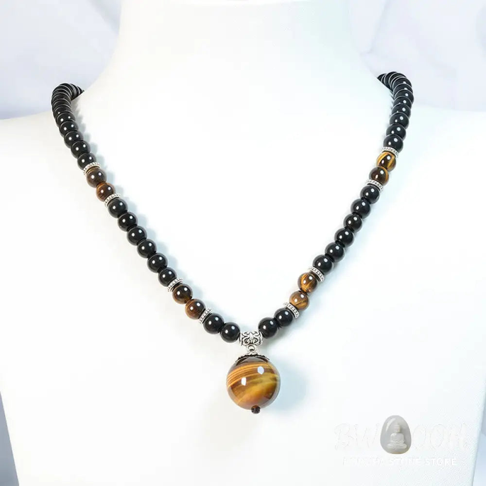 Buddha Stones Black Obsidian Tiger Eye Strengthen Necklace Pendant - BWOOOH - Black Obsidian Tiger Eye - Necklaces &amp;