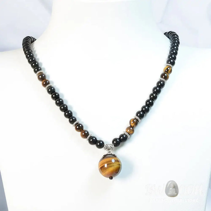 Buddha Stones Black Obsidian Tiger Eye Strengthen Necklace Pendant - BWOOOH - Black Obsidian Tiger Eye - Necklaces &amp;