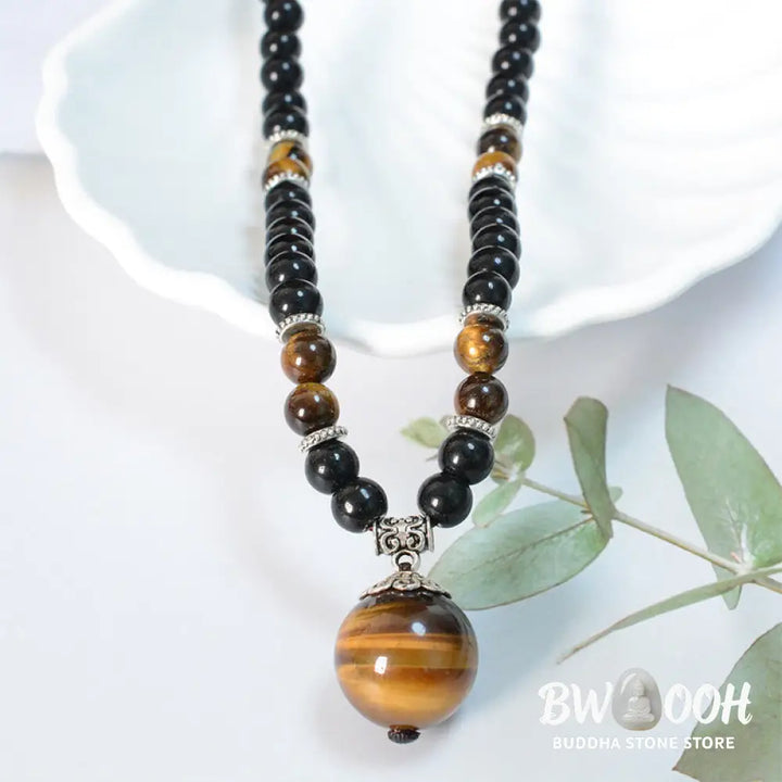 Buddha Stones Black Obsidian Tiger Eye Strengthen Necklace Pendant - BWOOOH - Black Obsidian Tiger Eye - Necklaces &amp;