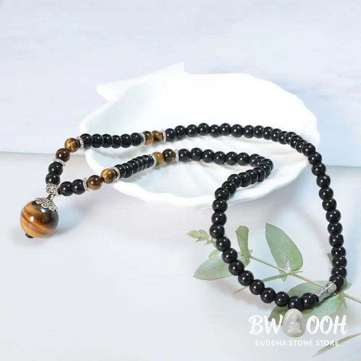 Buddha Stones Black Obsidian Tiger Eye Strengthen Necklace Pendant - BWOOOH - Black Obsidian Tiger Eye - Necklaces &amp;