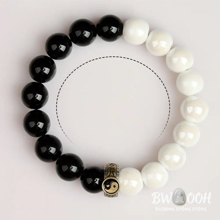 Buddha Stones Black Obsidian White Porcelain Beads Yin Yang Fulfilment Bracelet - BWOOOH - Black Obsidian White