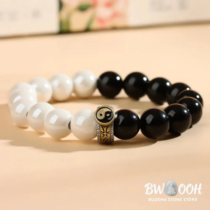 Buddha Stones Black Obsidian White Porcelain Beads Yin Yang Fulfilment Bracelet - BWOOOH - Black Obsidian White