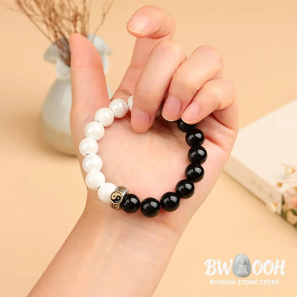 Buddha Stones Black Obsidian White Porcelain Beads Yin Yang Fulfilment Bracelet - BWOOOH - Black Obsidian White
