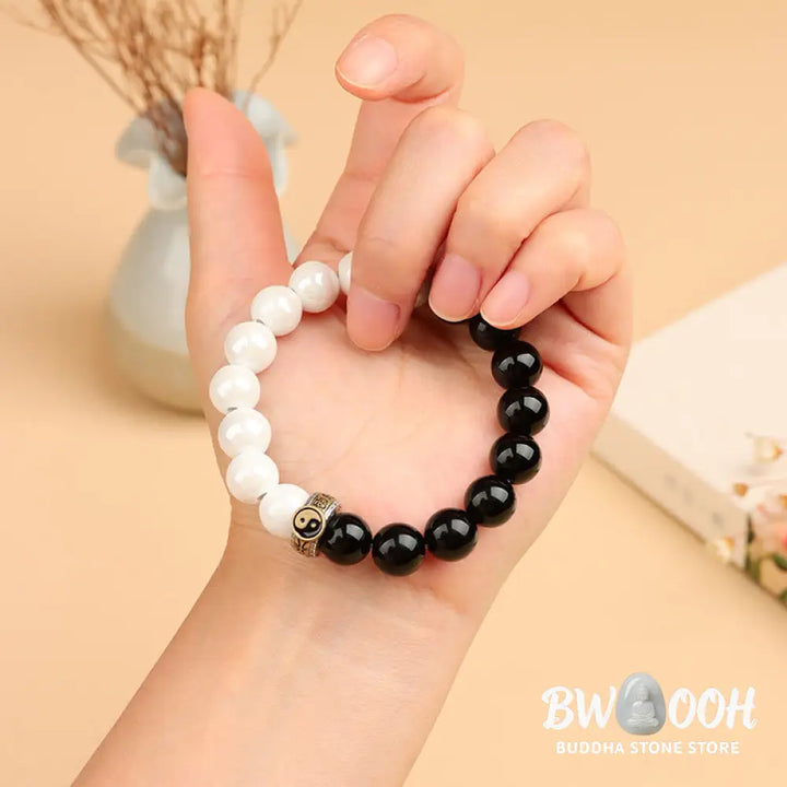 Buddha Stones Black Obsidian White Porcelain Beads Yin Yang Fulfilment Bracelet - BWOOOH - Black Obsidian White