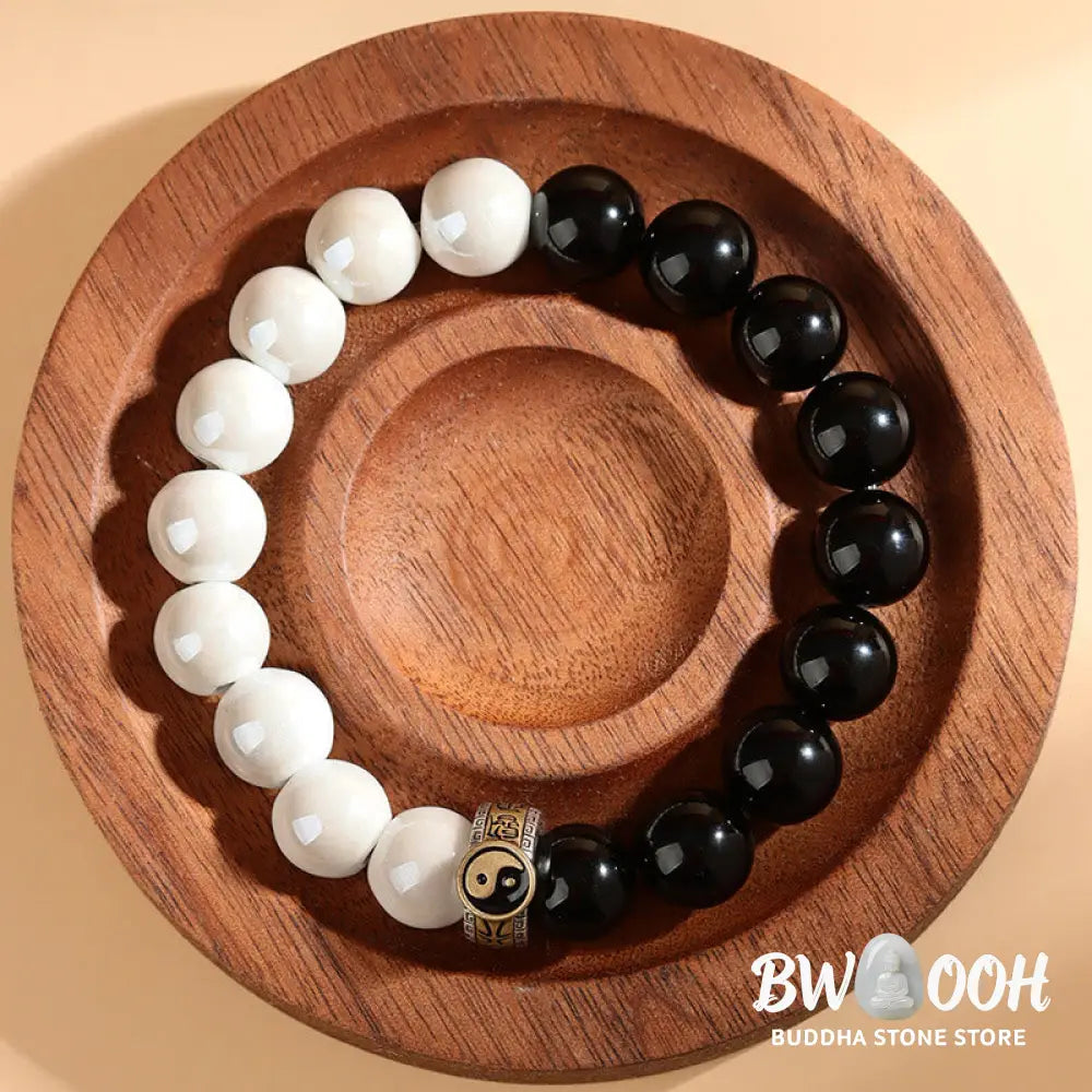 Buddha Stones Black Obsidian White Porcelain Beads Yin Yang Fulfilment Bracelet - BWOOOH - Black Obsidian White