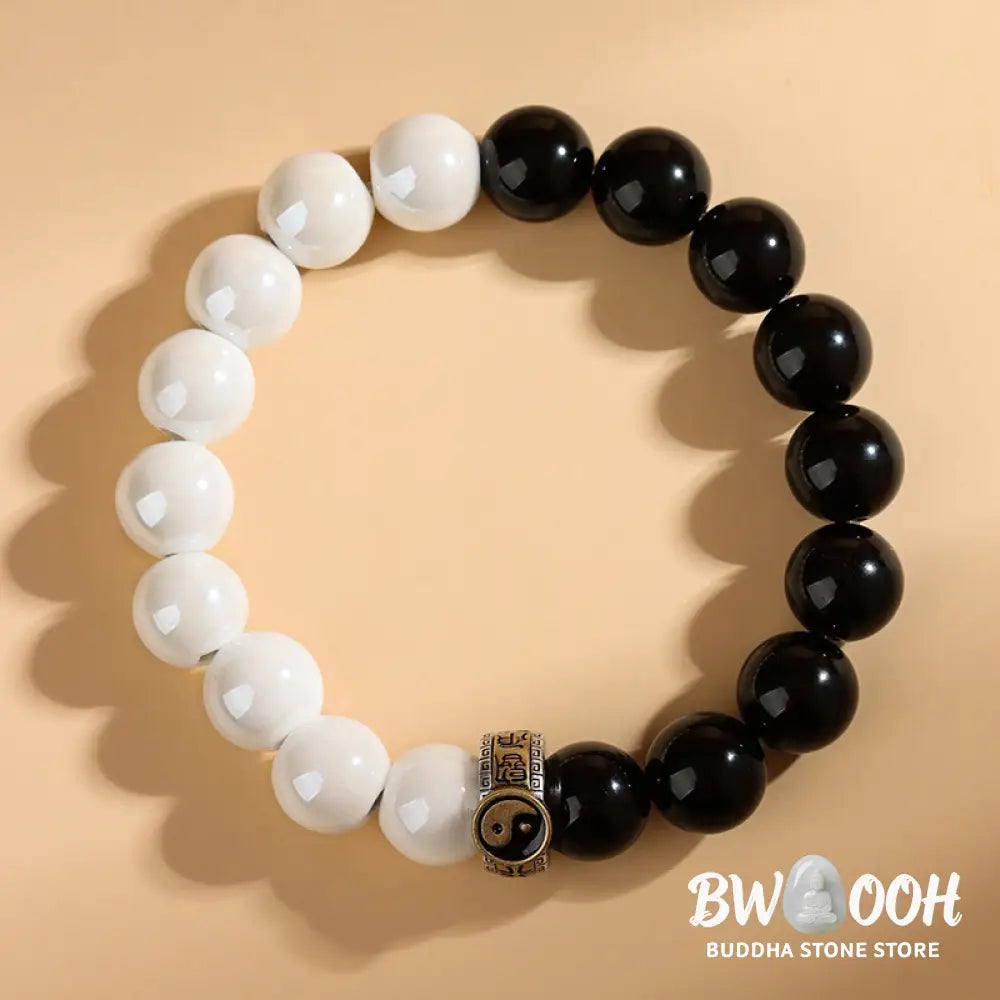 Buddha Stones Black Obsidian White Porcelain Beads Yin Yang Fulfilment Bracelet - BWOOOH - Black Obsidian White