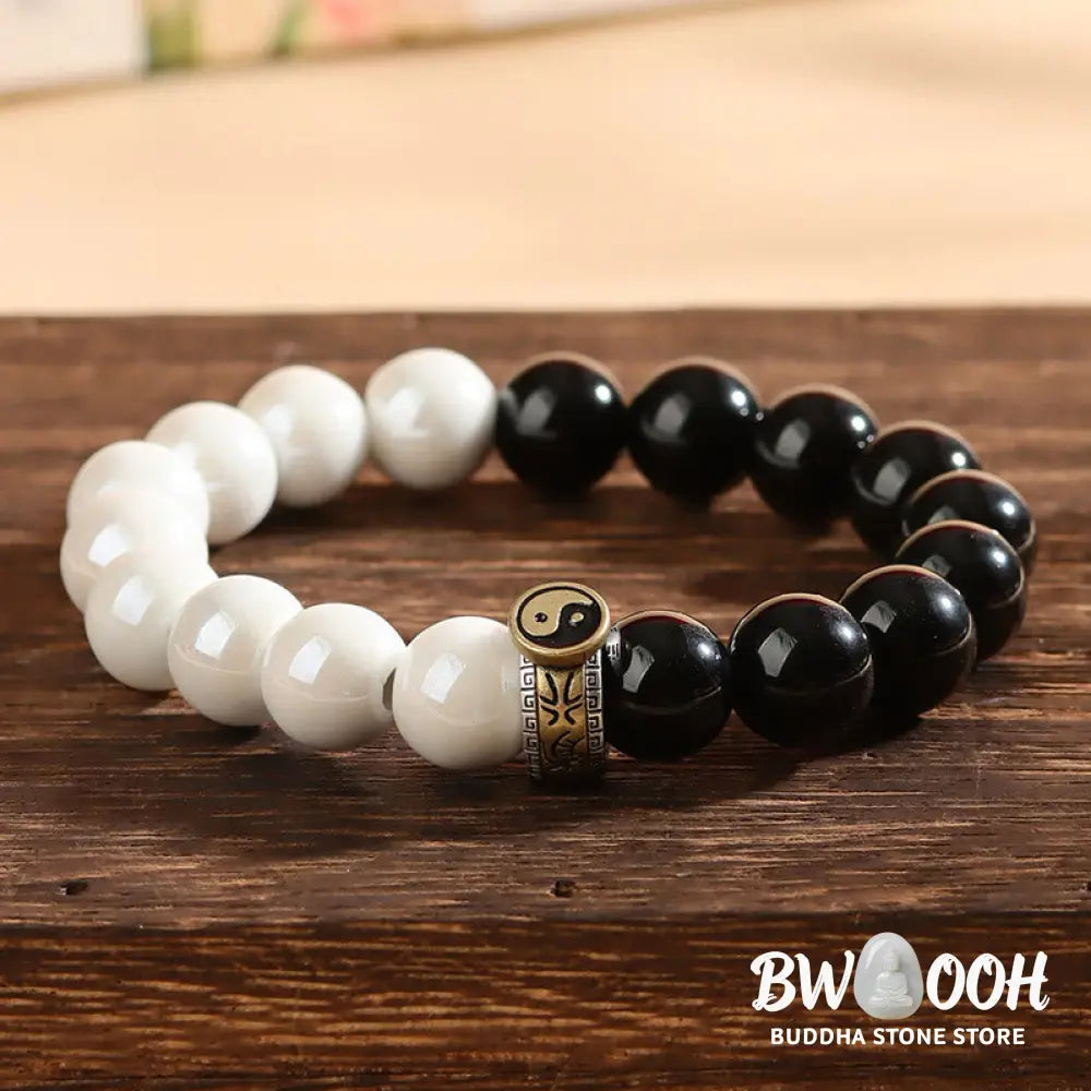 Buddha Stones Black Obsidian White Porcelain Beads Yin Yang Fulfilment Bracelet - BWOOOH - Black Obsidian White