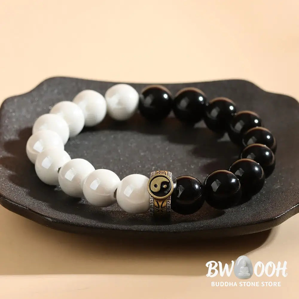 Buddha Stones Black Obsidian White Porcelain Beads Yin Yang Fulfilment Bracelet - BWOOOH - Black Obsidian White