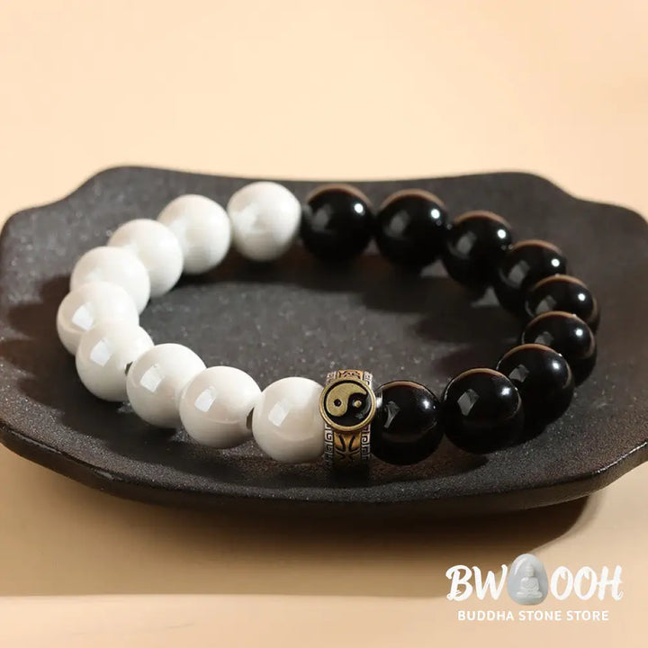 Buddha Stones Black Obsidian White Porcelain Beads Yin Yang Fulfilment Bracelet - BWOOOH - Black Obsidian White