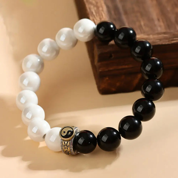 BWOOOH Black Obsidian White Porcelain Beads Yin Yang Fulfilment Bracelet - BWOOOH - Black Obsidian White