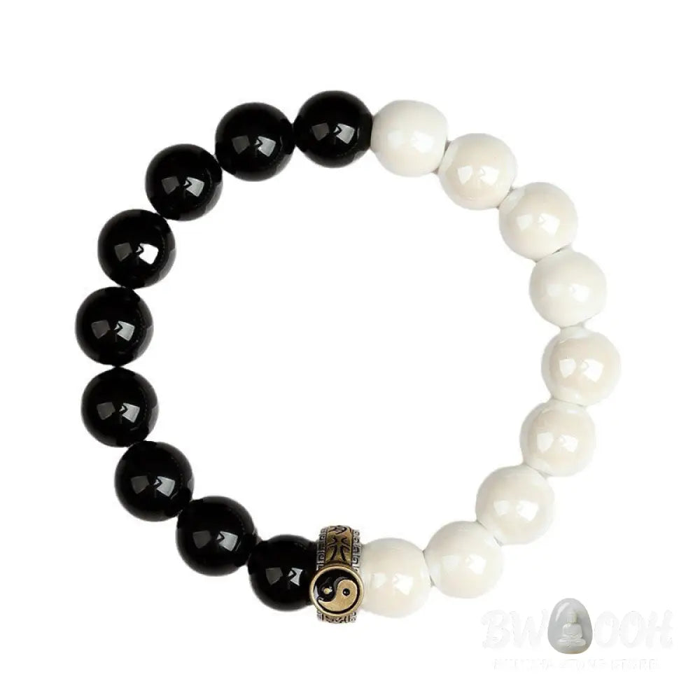 Buddha Stones Black Obsidian White Porcelain Beads Yin Yang Fulfilment Bracelet - BWOOOH - Black Obsidian White