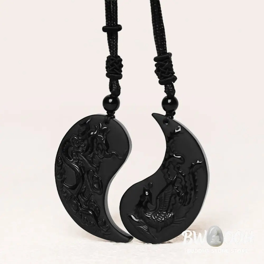 Buddha Stones Black Obsidian Yin Yang Dragon Phoenix Luck Necklace Pendant - BWOOOH - Dragon&Phoenix - Necklaces &