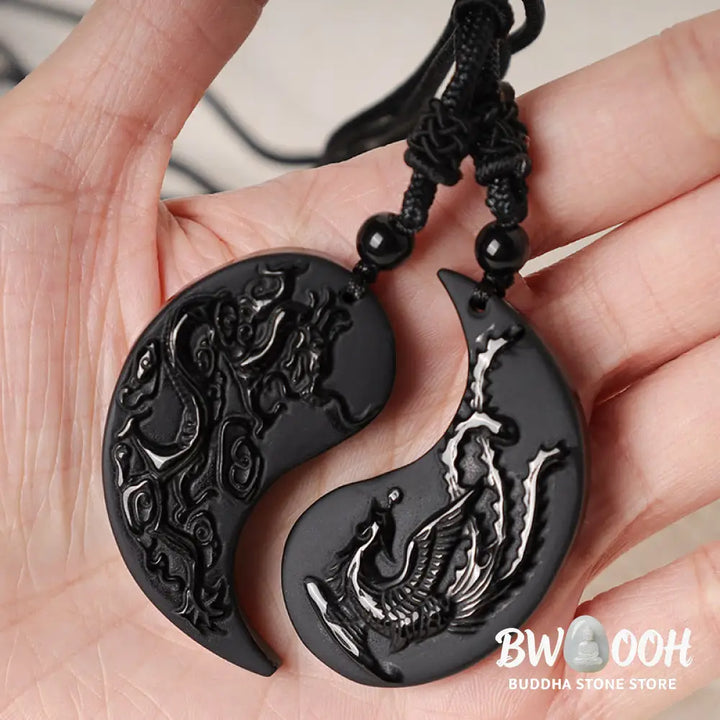 Buddha Stones Black Obsidian Yin Yang Dragon Phoenix Luck Necklace Pendant - BWOOOH - Dragon&amp;Phoenix - Necklaces &amp;