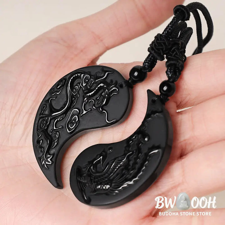 Buddha Stones Black Obsidian Yin Yang Dragon Phoenix Luck Necklace Pendant - BWOOOH - Dragon&amp;Phoenix - Necklaces &amp;