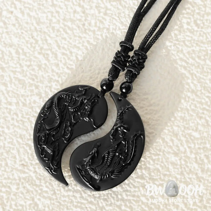 Buddha Stones Black Obsidian Yin Yang Dragon Phoenix Luck Necklace Pendant - BWOOOH - Dragon&amp;Phoenix - Necklaces &amp;