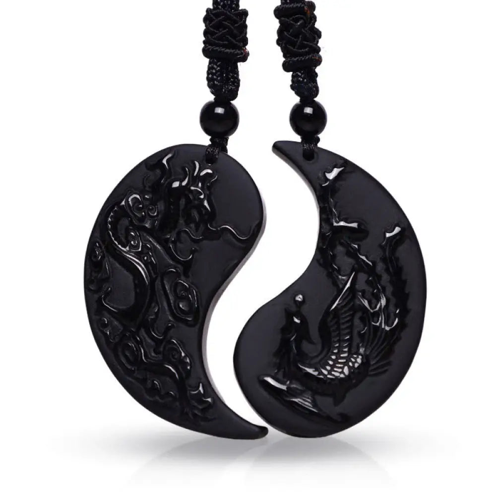 BWOOOH black obsidian yin yang dragon phoenix luck necklace pendant