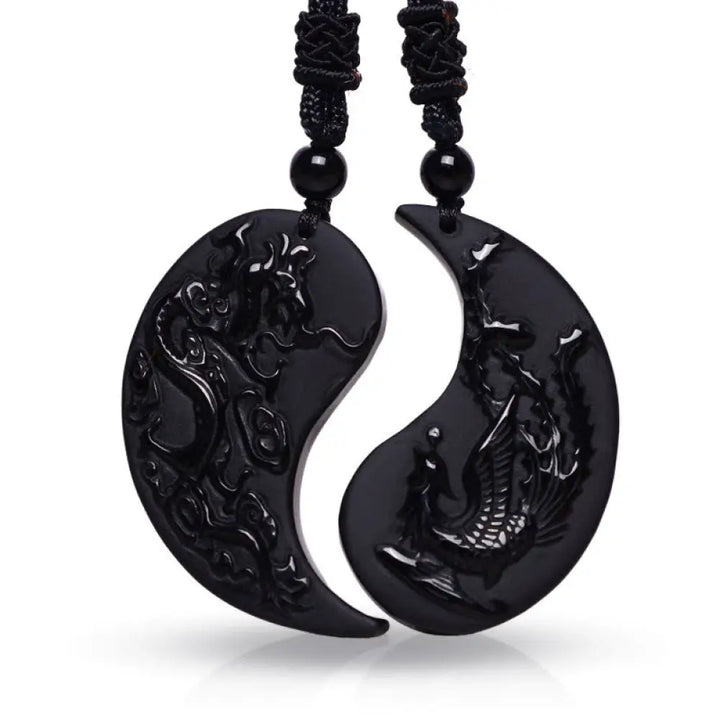 BWOOOH black obsidian yin yang dragon phoenix luck necklace pendant
