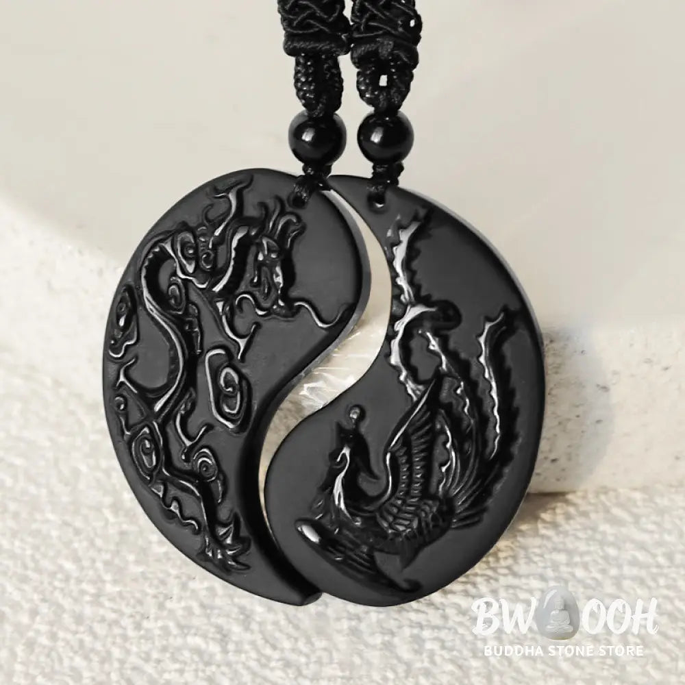 Buddha Stones Black Obsidian Yin Yang Dragon Phoenix Luck Necklace Pendant - BWOOOH - Dragon&amp;Phoenix - Necklaces &amp;