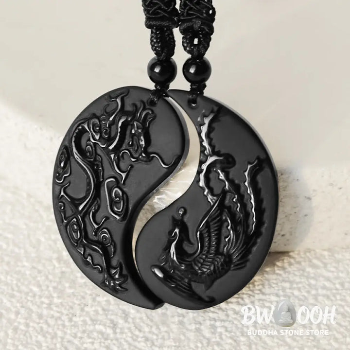 Buddha Stones Black Obsidian Yin Yang Dragon Phoenix Luck Necklace Pendant - BWOOOH - Dragon&amp;Phoenix - Necklaces &amp;