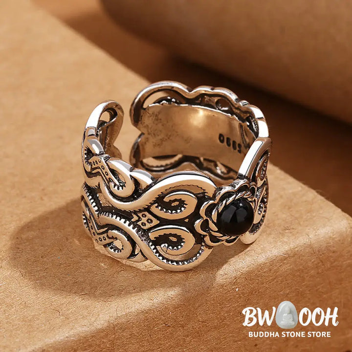 Buddha Stones Black Onyx Copper Mongolian Pattern Adjustable Fortune Ring - Black Onyx(Protection♥Fortune)(Inner