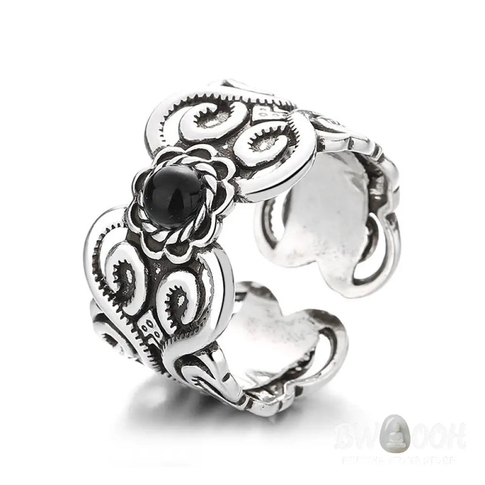 Buddha Stones Black Onyx Copper Mongolian Pattern Adjustable Fortune Ring - Black Onyx(Protection♥Fortune)(Inner