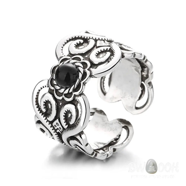 Buddha Stones Black Onyx Copper Mongolian Pattern Adjustable Fortune Ring - Black Onyx(Protection♥Fortune)(Inner