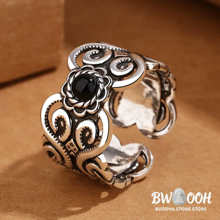 Buddha Stones Black Onyx Copper Mongolian Pattern Adjustable Fortune Ring - Black Onyx(Protection♥Fortune)(Inner