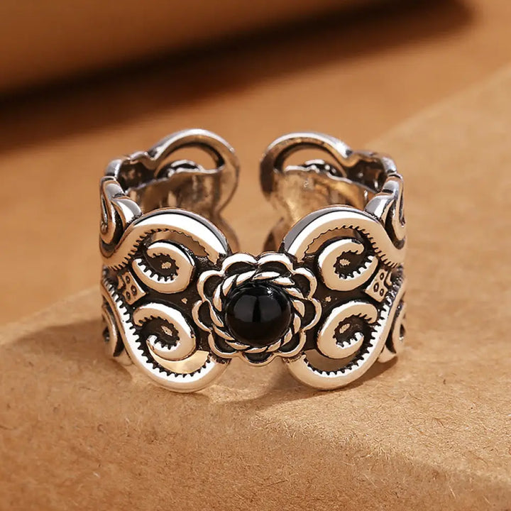BWOOOH Black Onyx Copper Mongolian Pattern Adjustable Fortune Ring — Black Onyx spiritual jewelry for spiritual healing an...