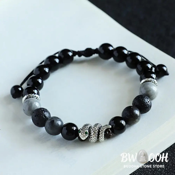Buddha Stones Black Onyx Black Glitter Stone White Agate White Turquoise Year Of The Snake Protection Bracelet - BWOOOH