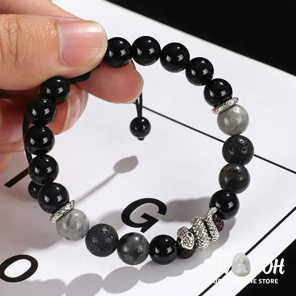 Buddha Stones Black Onyx Black Glitter Stone White Agate White Turquoise Year Of The Snake Protection Bracelet - BWOOOH
