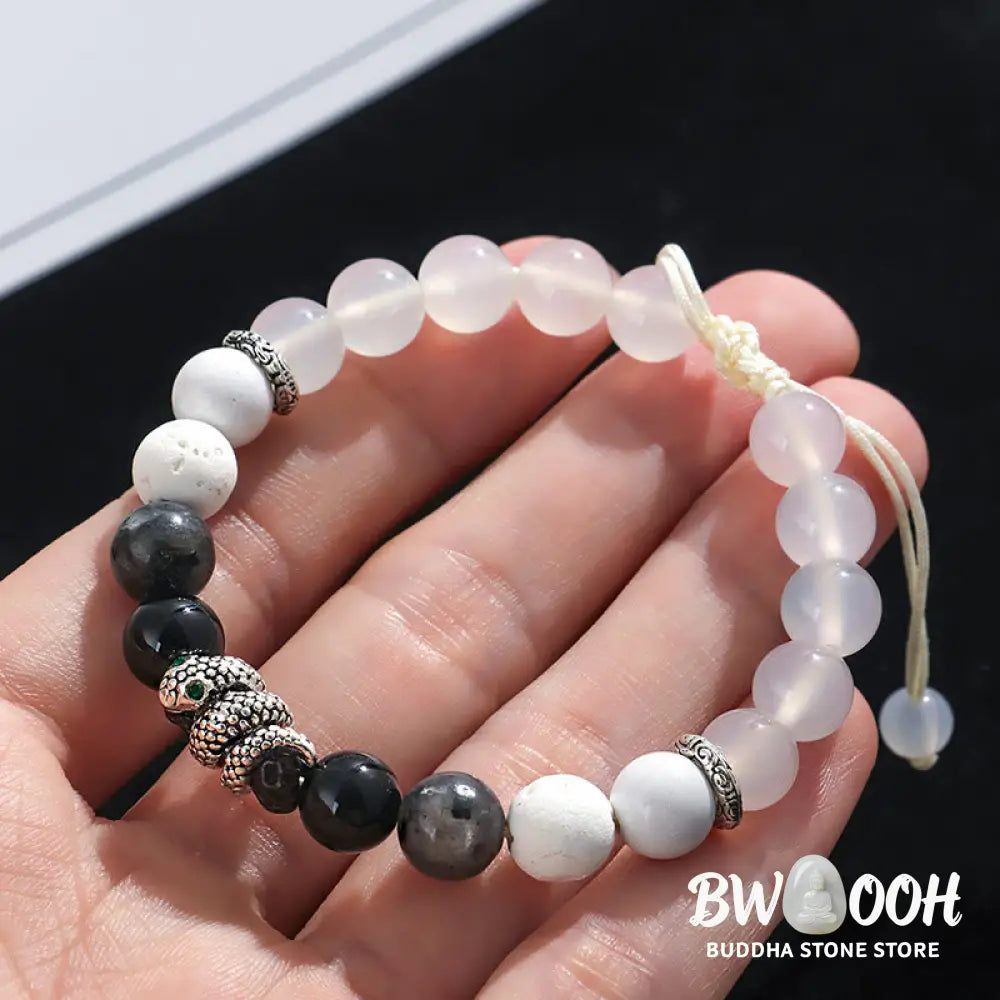 Buddha Stones Black Onyx Black Glitter Stone White Agate White Turquoise Year Of The Snake Protection Bracelet - BWOOOH