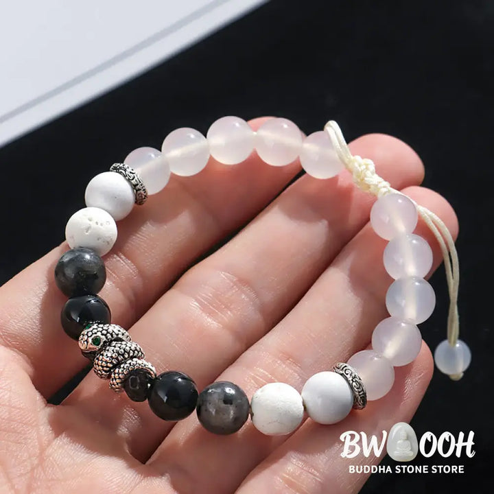 Buddha Stones Black Onyx Black Glitter Stone White Agate White Turquoise Year Of The Snake Protection Bracelet - BWOOOH