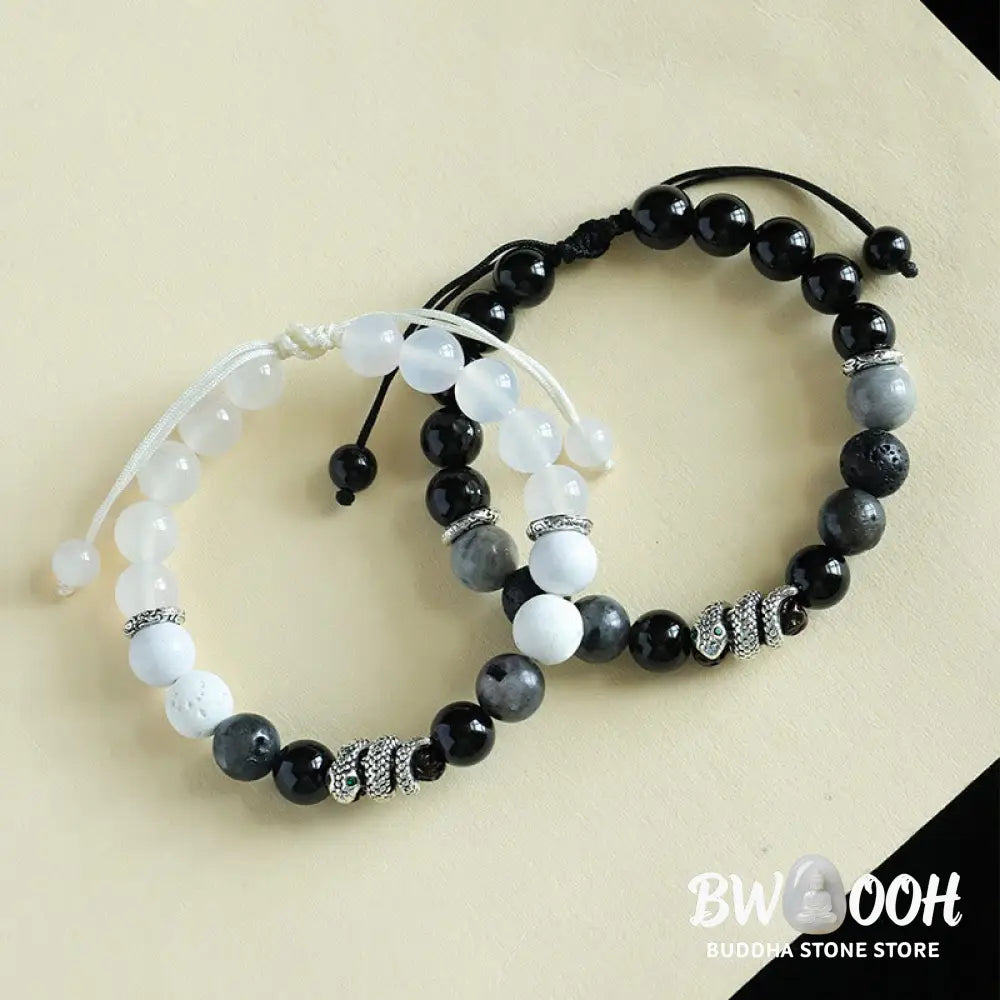 Buddha Stones Black Onyx Black Glitter Stone White Agate White Turquoise Year Of The Snake Protection Bracelet - BWOOOH