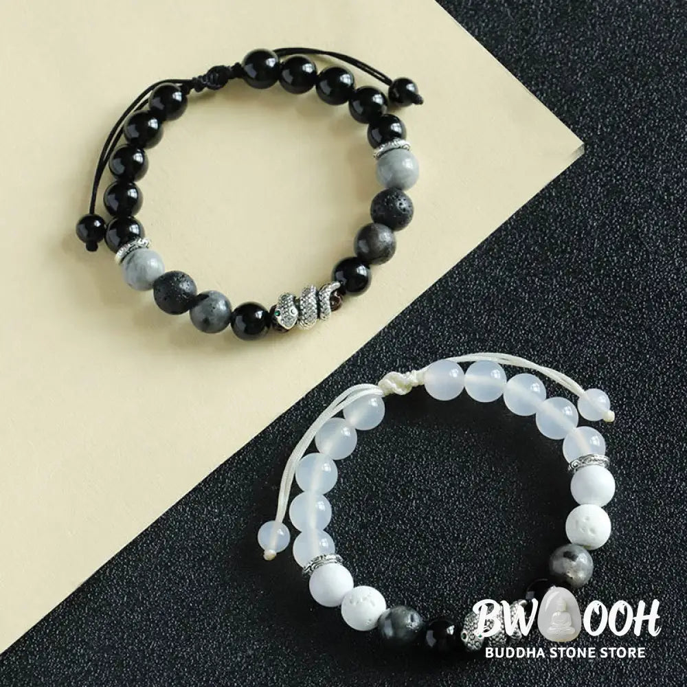 Buddha Stones Black Onyx Black Glitter Stone White Agate White Turquoise Year Of The Snake Protection Bracelet - BWOOOH