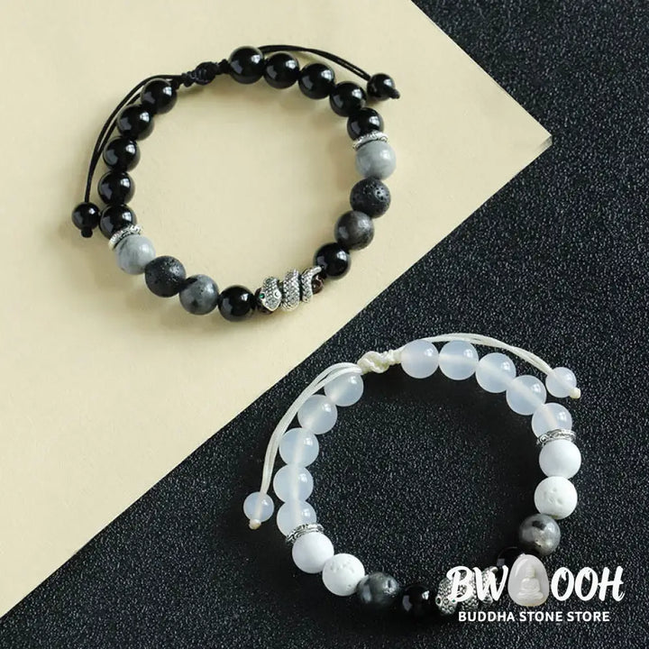 Buddha Stones Black Onyx Black Glitter Stone White Agate White Turquoise Year Of The Snake Protection Bracelet - BWOOOH