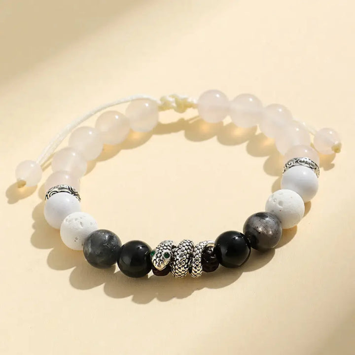 Buddha Stones Black Onyx Black Glitter Stone White Agate White Turquoise Year Of The Snake Protection Bracelet - BWOOOH