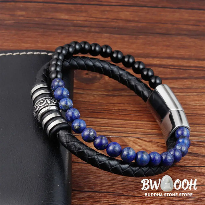 Buddha Stones Black Onyx Lazurite Lapis Lazuli Titanium Steel Fortune Calm Leather Bracelet - Bracelet