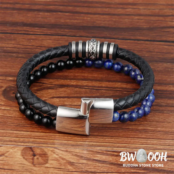 Buddha Stones Black Onyx Lazurite Lapis Lazuli Titanium Steel Fortune Calm Leather Bracelet - Bracelet