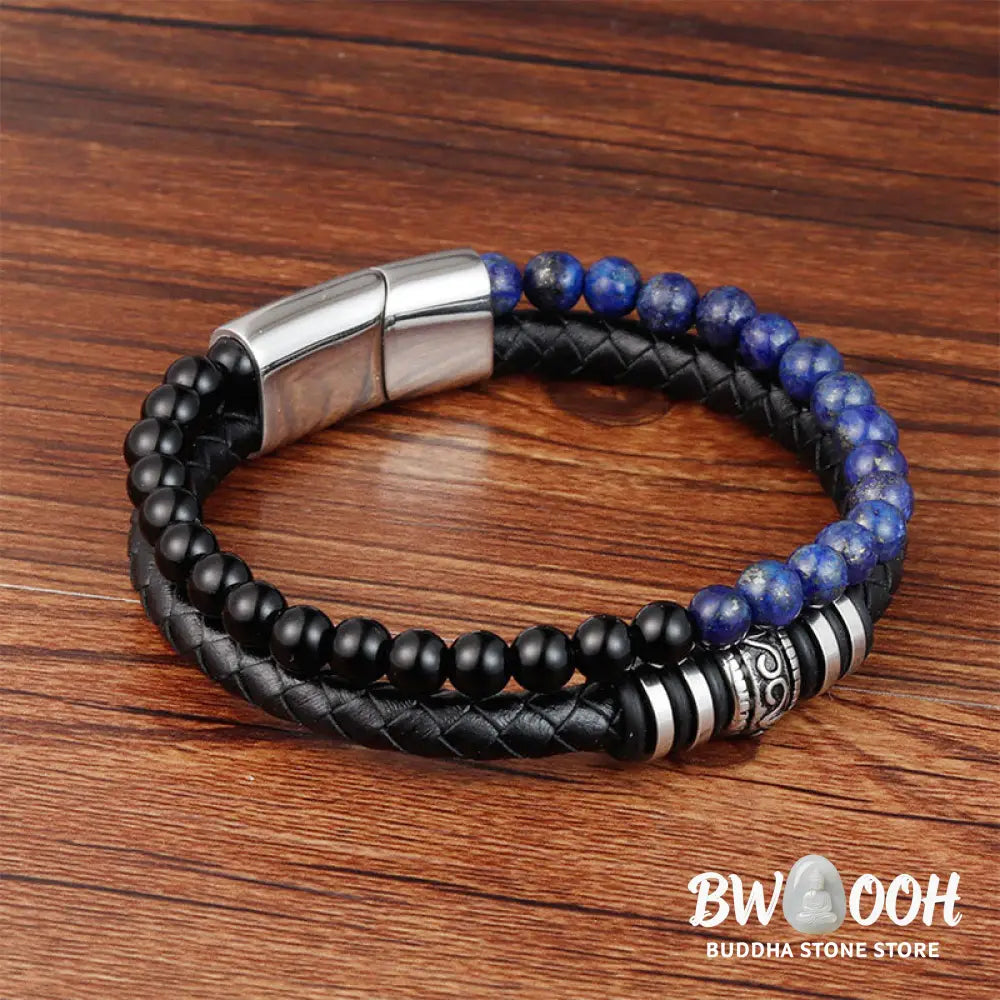 Buddha Stones Black Onyx Lazurite Lapis Lazuli Titanium Steel Fortune Calm Leather Bracelet - Bracelet