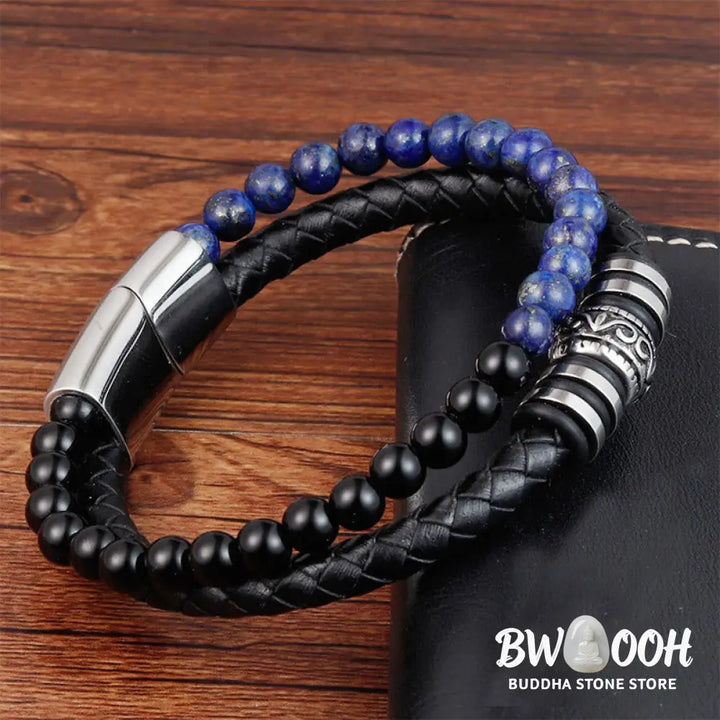 Buddha Stones Black Onyx Lazurite Lapis Lazuli Titanium Steel Fortune Calm Leather Bracelet - Bracelet