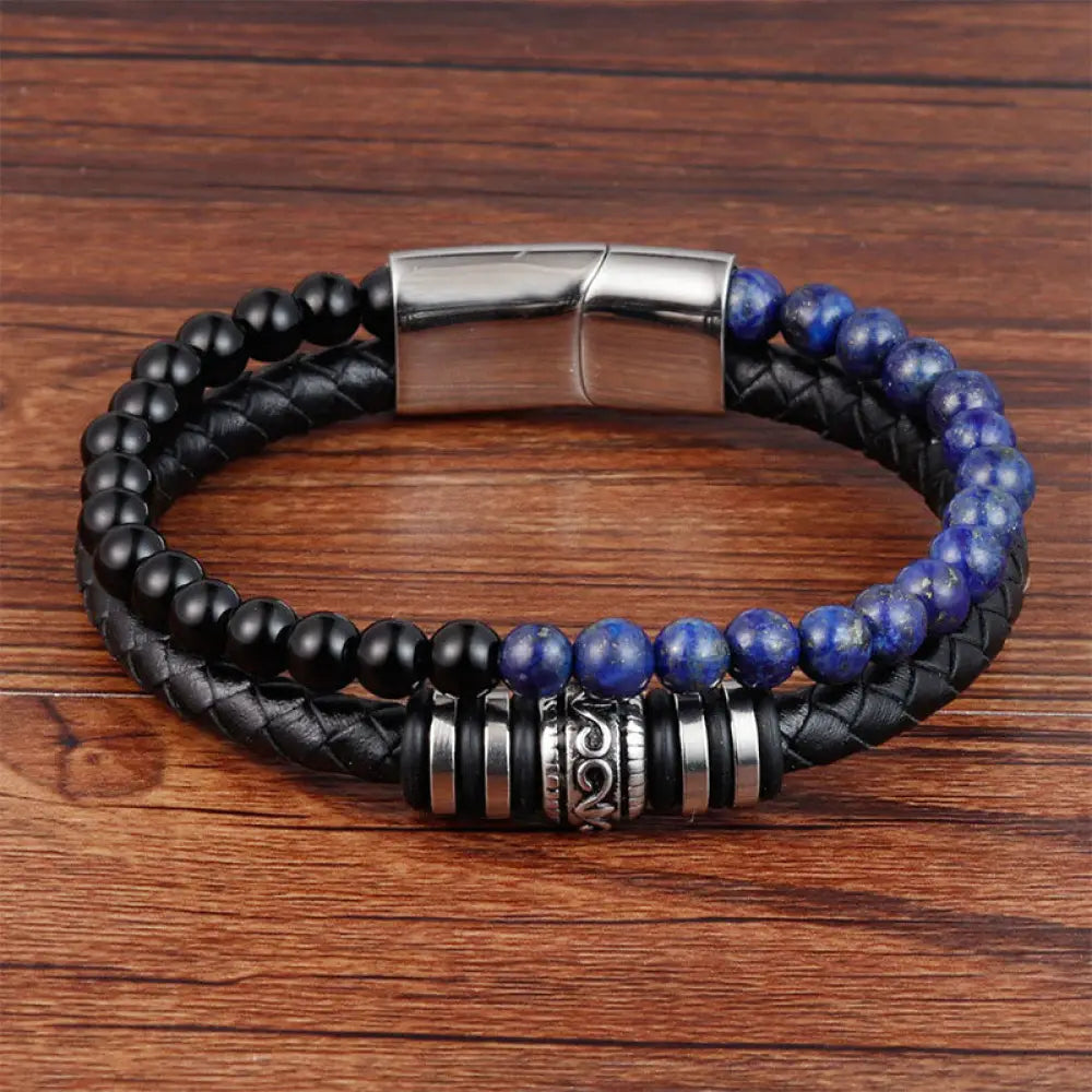 Buddha Stones Black Onyx Lazurite Lapis Lazuli Titanium Steel Fortune Calm Leather Bracelet - Black Onyx Lazurite(Wrist