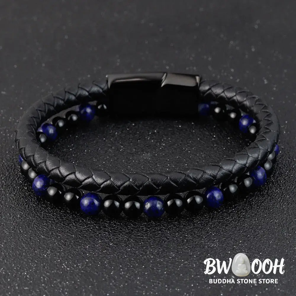 Buddha Stones Black Onyx Lazurite Lapis Lazuli Titanium Steel Positive Self Care Leather Bracelet - Black Onyx