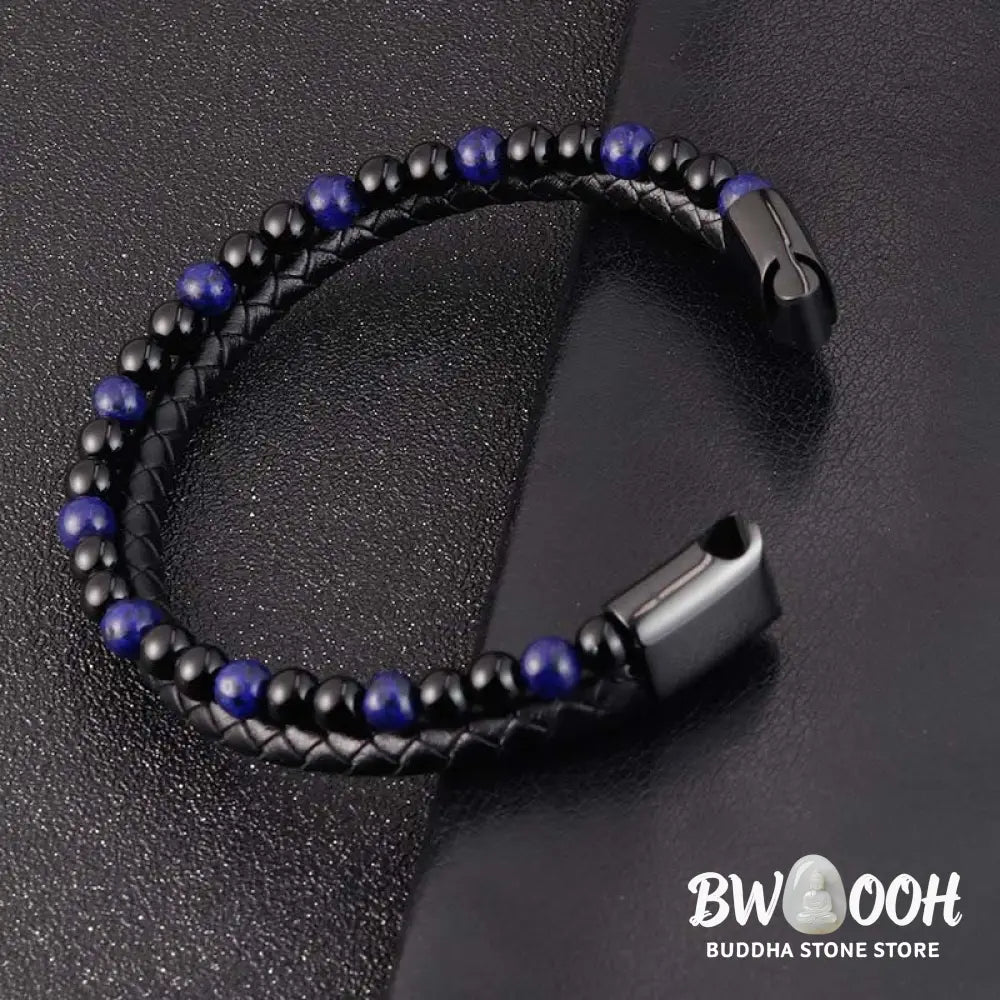 Buddha Stones Black Onyx Lazurite Lapis Lazuli Titanium Steel Positive Self Care Leather Bracelet - Black Onyx