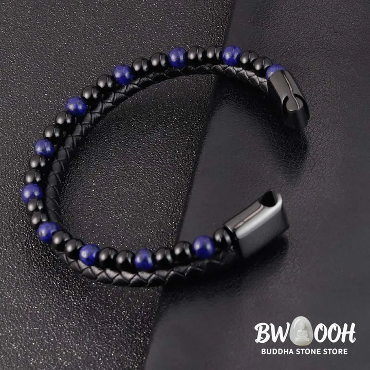 Buddha Stones Black Onyx Lazurite Lapis Lazuli Titanium Steel Positive Self Care Leather Bracelet - Black Onyx