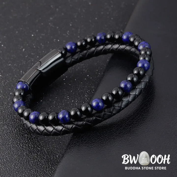 Buddha Stones Black Onyx Lazurite Lapis Lazuli Titanium Steel Positive Self Care Leather Bracelet - Black Onyx