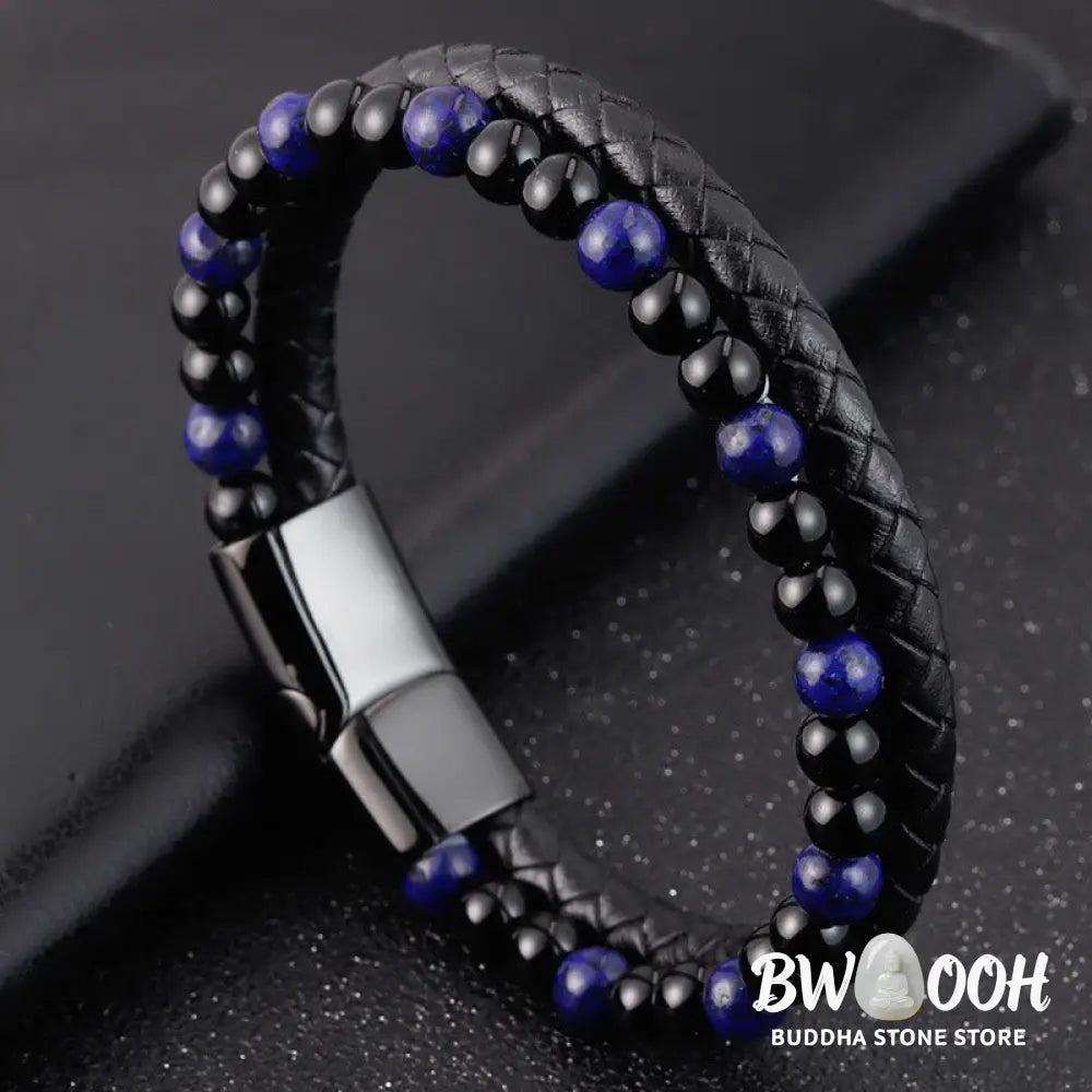 Buddha Stones Black Onyx Lazurite Lapis Lazuli Titanium Steel Positive Self Care Leather Bracelet - Black Onyx