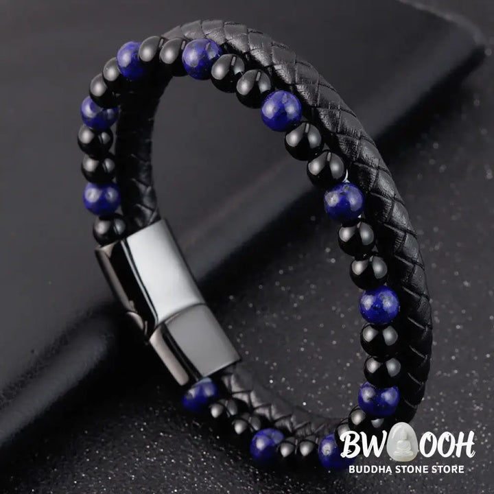 Buddha Stones Black Onyx Lazurite Lapis Lazuli Titanium Steel Positive Self Care Leather Bracelet - Black Onyx